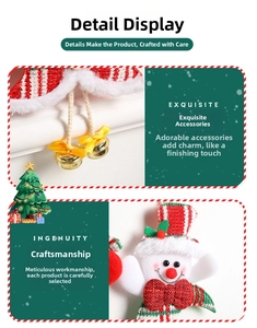 Detailed view of handmade Christmas snowman plush with gold bells and striped knit fabric