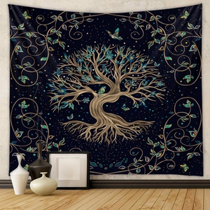 Navy blue tree of life wall tapestry with golden texture for home wall decor