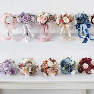 Satin Rose Bridal Bouquet Artificial Flower Bouquet With Long Ribbons For Wedding Party Photography Props Elegant Vintage