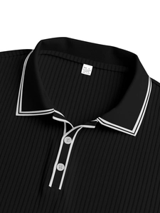 Close-up of black striped Polo collar and buttoned placket with sharp fabric texture