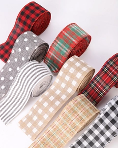 Close-up of 8 assorted linen-style Christmas ribbons with buffalo plaids and dots