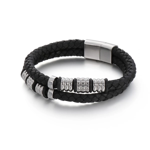 Double Layer Braided Leather Bracelet Men With 316L Stainless Steel Magnetic Clasp Geometric Industrial Style Jewelry