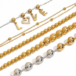 Layered stainless steel beaded bracelets set with LOVE letter and heart crystal charms
