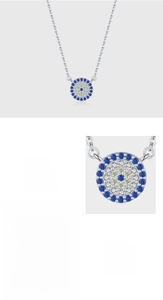 Detailed macro of 925 sterling silver evil eye pendant with blue pave setting zircons