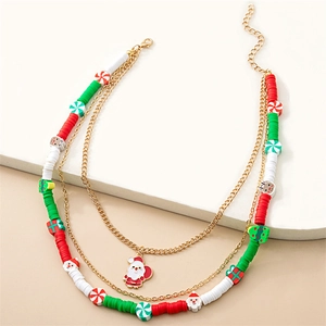 Three-layer Christmas necklace with Santa pendant, colorful clay beads and gold alloy chains