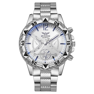 Men's fashion silver quartz watch with a white large dial and stainless steel strap