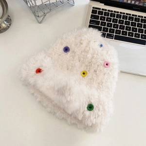 Cream plush bucket hat for women featuring colorful buttons and soft warm texture