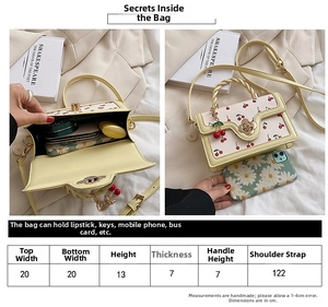 Detailed size chart for the crossbody bag showing 20x13x7 cm dimensions and internal capacity