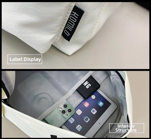 Detail of white nylon backpack featuring KDMILO logo and internal storage compartments