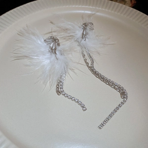 Detail of silver drop earrings with white feathers and sparkling rhinestone tassels