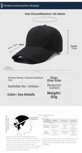 Size chart for unisex cotton baseball cap with adjustable strap and 10cm brim detail