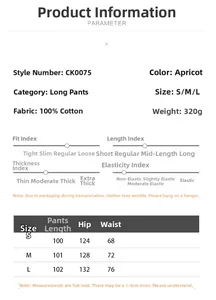 Detailed size chart for cotton harem pants showing measurements from S to L with fabric specs