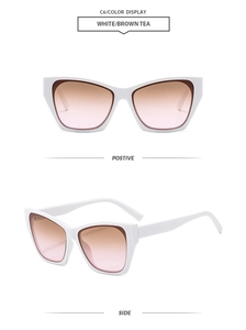 Front and side display of cat-eye sunglasses with white frames and brown tea lenses