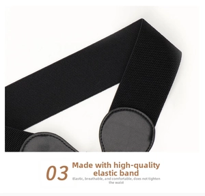 Detail of high-density elastic fabric and black leather stitching on a wide waist belt