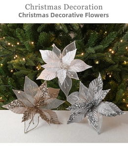Close-up of sparkling Christmas artificial flowers with sequins on mesh for tree decor