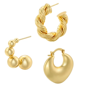 Copper Hoop Earrings Gold Silver Plated C Shaped Twist Rope Heart Small Round Beads Vintage French Style For Women