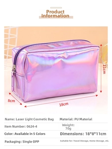 Detail view of purple laser holographic PU makeup bag with 18x8x11cm dimensions