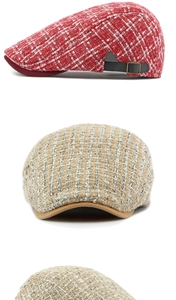 Detail van tweed pet met textuur, lederen zijbandje en metalen gesp voor heren/dames