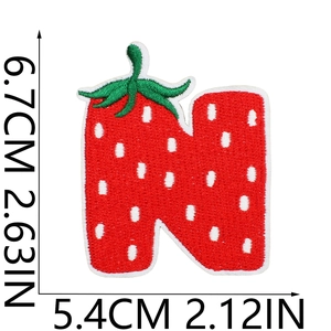 Detailed size measurement of a red strawberry letter N embroidered patch with white spots
