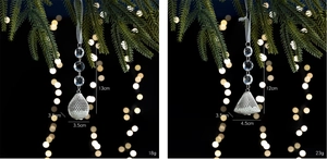 Detail view of acrylic snowflake and drop pendants with specific sizes and weights