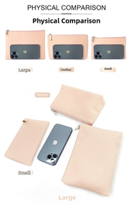 Three sizes of nude pink PU leather pouches shown with a phone for physical comparison