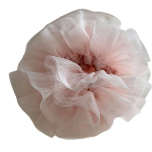 Pink handmade lace scrunchie with layered tulle mesh for elegant ballet ponytail styles