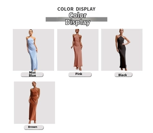 Color display of backless satin midi dresses in blue, pink, black and brown
