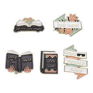 Set of 5 cartoon geometric book and flower enamel pins with creative slogans on white background
