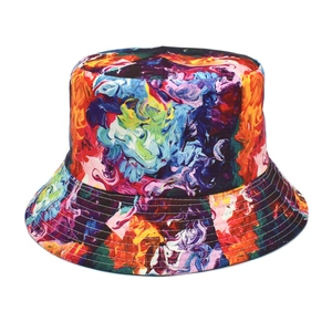 Close-up of vibrant oil painting style print and stitching on women bucket hat
