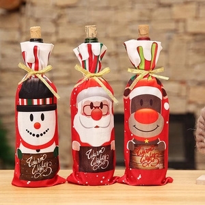 Housse De Bouteille De Vin De Noël Tissu Dessin Animé Père Noël Bonhomme De Neige Renne Décoration Table