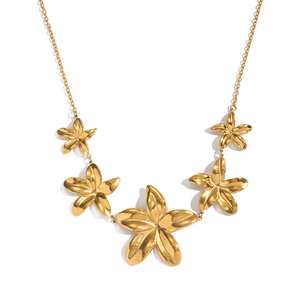 Detailed view of elegant gold metal flower necklace with five five-petal floral pendants