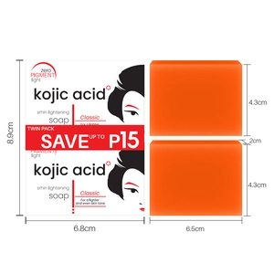 Detailed view of twin pack kojic acid soaps with precise package and soap bar dimensions