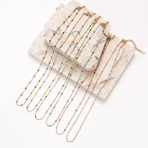 Set of 7 colorful beaded stainless steel necklaces with golden finish and adjustable chain