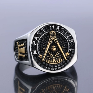 Vintage Mason Past Master men's ring in two-tone stainless steel with compass symbol