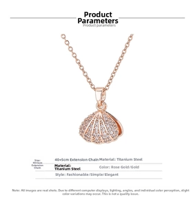 Detail of rose gold shell pendant necklace with sparkling zircons and adjustable chain