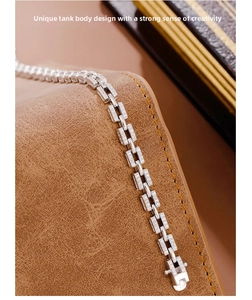 Detailed view of silver tank chain bracelet featuring shimmering micro-pave cubic zirconia