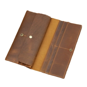Retro crazy horse leather long wallet for men with multi-card slots and snap closure