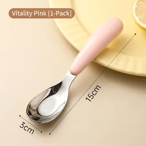 Vibrant pink 316L stainless steel baby training spoon with ergonomic handle for feeding