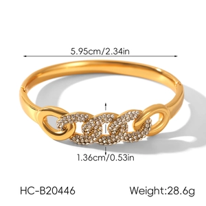 Detail view of 18k gold-plated Cuban link bracelet with diamond inlay and size measurements