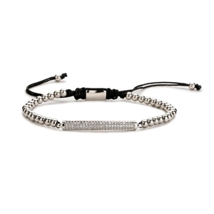 Adjustable silver tone zircon micro-pave bar bracelet with black braided rope and metal beads