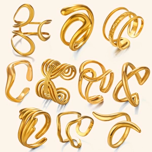 Minimalist 18k gold plated stainless steel open rings in various geometric wave shapes