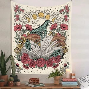 Bohemian tapestry featuring butterflies and mystical symbols in a cozy interior setting