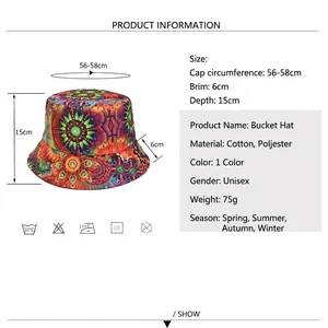 Unisex mandala pattern bucket hat with size chart showing 56-58cm head circumference