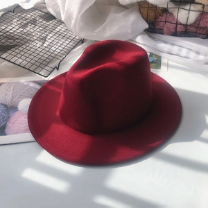 Classic wine red wool felt fedora hat with wide flat brim for men and women