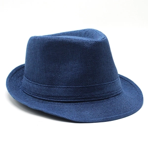 Chapeau fedora bleu foncé classique avec texture tressée et ruban assorti pour hommes et femmes