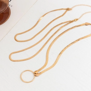 Detailed view of golden snake chain necklace set with large circular pendant and lobster clasp