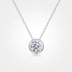 925 Sterling Silver Moissanite Pendant Necklace Round Brilliant Cut Bezel Setting Elegant Clavicle Chain For Women