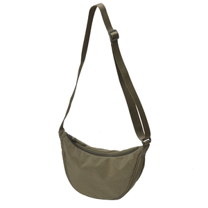 Army green nylon crescent crossbody bag with adjustable strap and zipper closure