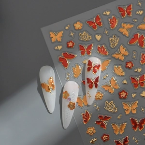 5D embossed butterfly nail art stickers with gold foil outline and 3D floral design
