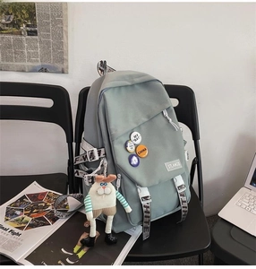 Macro detail of high-capacity gray-green canvas backpack with STLANGS label and badges